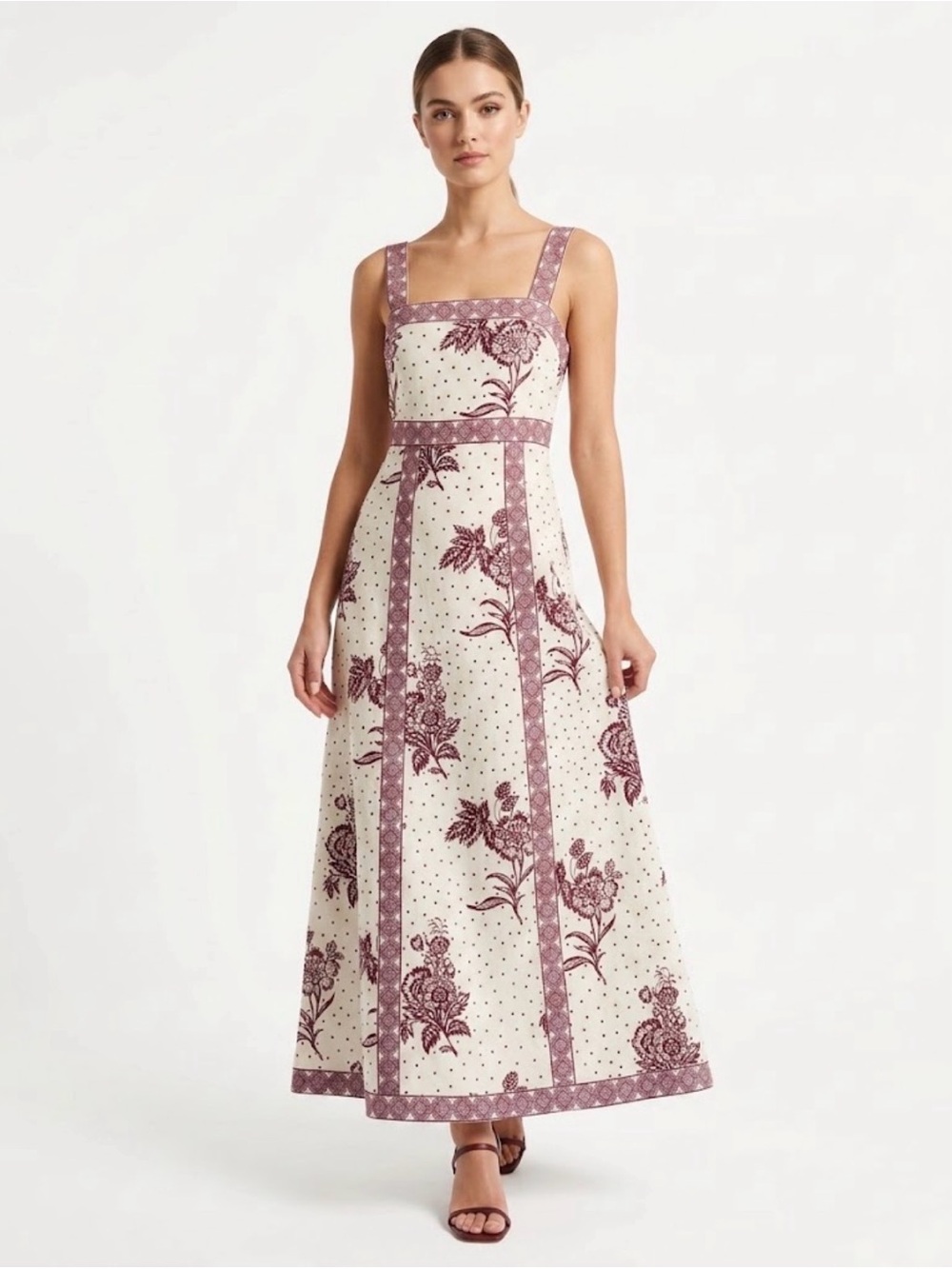 Cottagecore Cotton Linen Block Print Floral Polka Dot Maxi Dress Boho Tulip C.